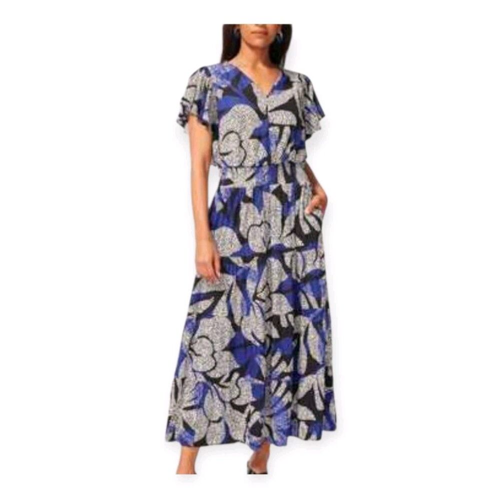 Chico's Floral Flutter Sleeve Maxi Dress Women's Size 8 Four-teir Bottom